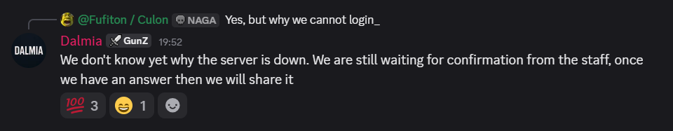 Mensagem do GM Dalmia no Discord oficial dizendo que a equipe ainda não sabe por que o servidor caiu